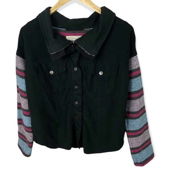 Free People Baja Stripe Sleeve Jacket Size XS Black Denim Bohemian Boho‎ Coat - Picture 2 of 12